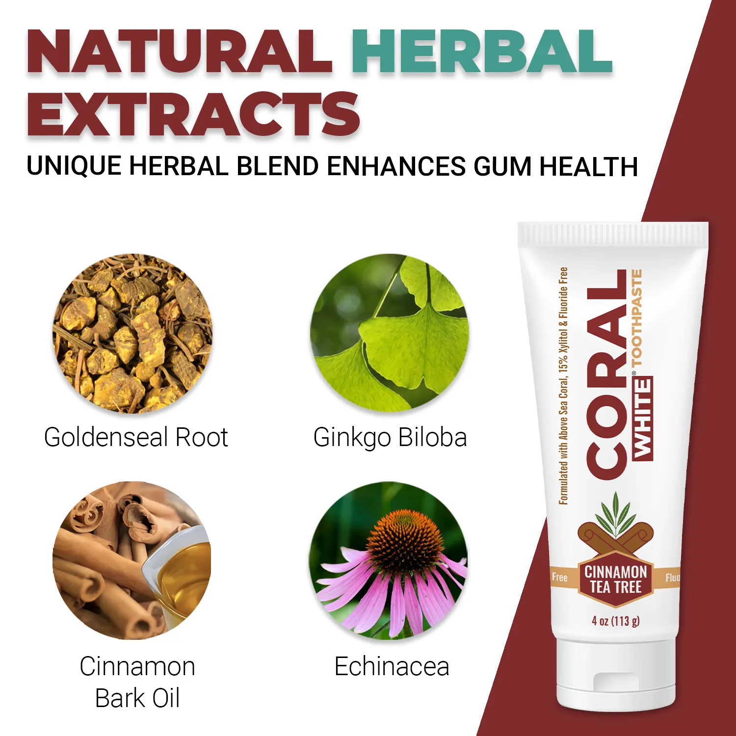 Coral Whitening Fluoride Free Toothpaste Cinnamon Tea Tree (4oz) 3 Tubes - Image 3