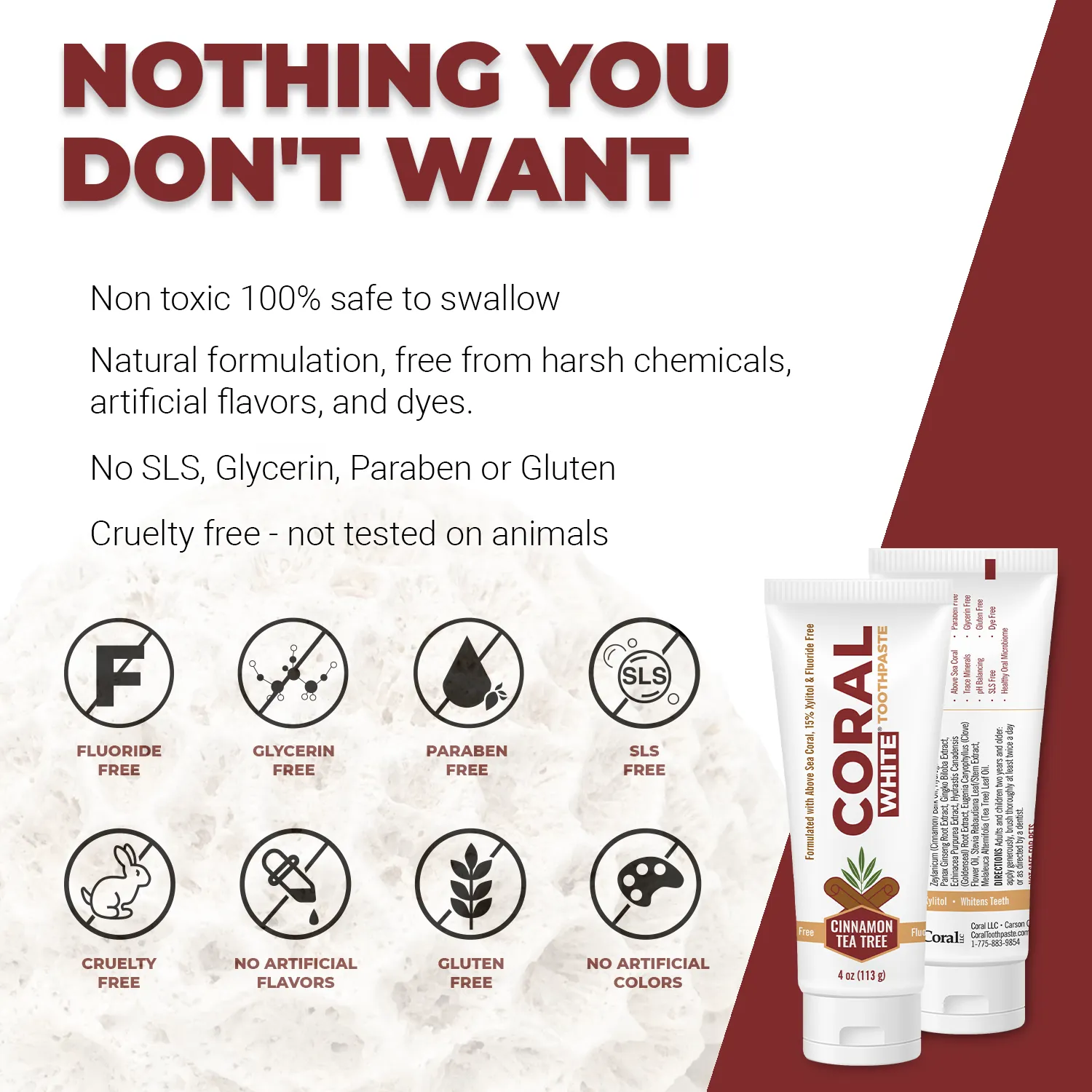Coral Whitening Fluoride Free Toothpaste Cinnamon Tea Tree (4oz) 3 Tubes - Image 4